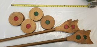 Vintage Wooden Shuffleboard 12 Pc Set - 4 Cue Sticks 8 Pucks Discs