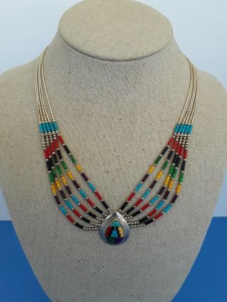 Vintage Native American Zuni " Signed " Sterling Multi Color Strand Necklace