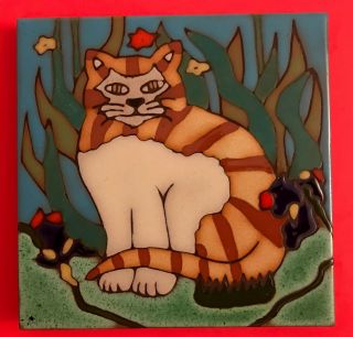 Triton Tile " Cat " Hand Painted In The Usa " A Painting Or A Hot Plate "