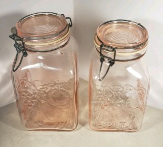Set Of 2 Pink Glass Canisters Made In Italy " Farm 