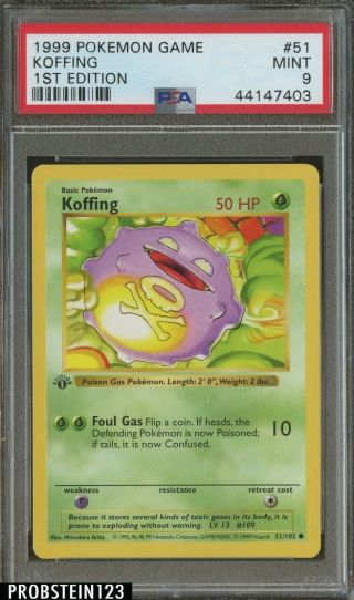 1999 Pokemon Game 1st Edition Shadowless 51 Koffing Psa 9