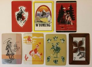 7 Vintage Playing Cards Western Cowboys/horses Good Luck Symbols Wyoming