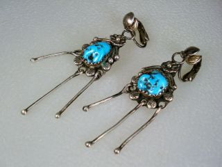 Vintage Navajo Sterling Silver Squash Blossom & Turquoise Earrings W/ Dangles
