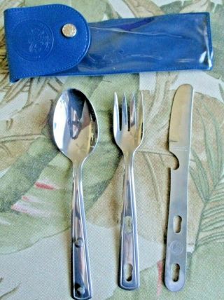 Vintage Boy Scout Knife Fork Spoon Nest Together W/pouch Embossed Bsa Emblem