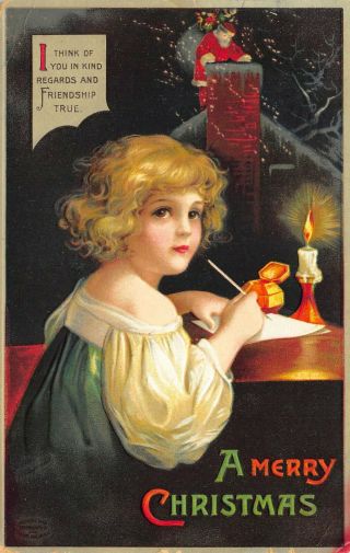 " A Merry Christmas " Girl Writing To Santa Claus Ellen Clapsaddle Postcard