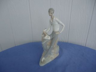 Vintage Lladro Nao Large Boy With Dog On Rock 26cm