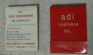 2 Vintage Matchbooks RCA Service Company Radio TV Engineering Advertising ADI 2