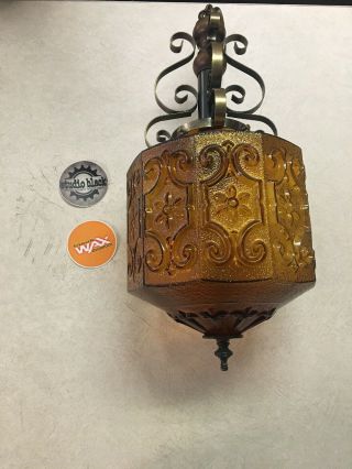Vintage Mcm Swag Ceiling Light Hanging Globe Harvest Pendant Amber Glass Lamp 1
