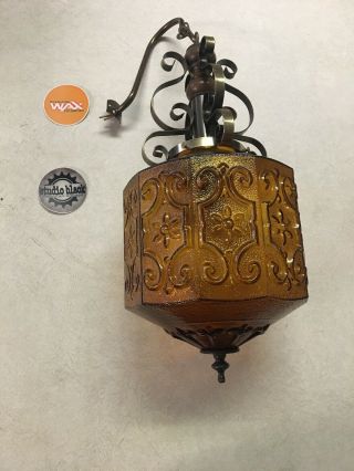 Vintage Mcm Swag Ceiling Light Hanging Globe Harvest Pendant Amber Glass Lamp 2