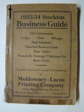 Depression Era 1933 - 34 Stockton Business Guide Telephone Yellow Pages Directory