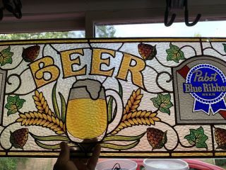 Vintage Pabst Blue Ribbon Beer Sign Faux Stained Glass Plastic Pbr Bar Pub