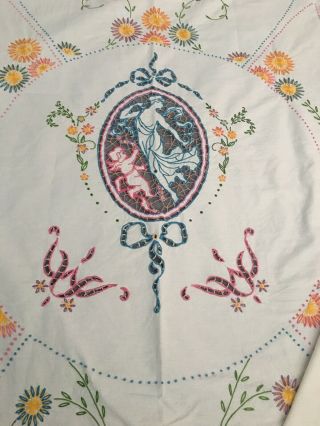 Vtg Embroidered Openwork Cherub Lady Floral Cotton Coverlet Bedspread 92 " X 68 "