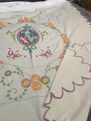 Vtg Embroidered Openwork Cherub Lady Floral Cotton Coverlet Bedspread 92 