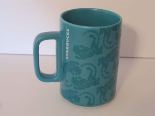 Starbucks Ceramic Handle Teal Blue Green Embossed Tiger 12 Oz Mug