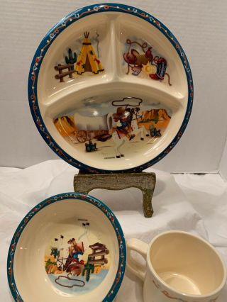 Peco Pecoware Melamine Child’s Divided Plate And Bowl Cup Western Theme Cowboy
