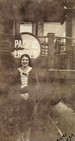 Vintage Old Photo Of Pretty Woman Girl In Front Of Pacific Limited Sign Train