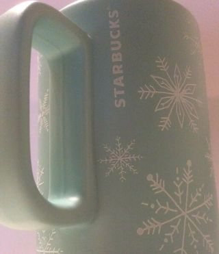 Starbucks 2018 Blue With White Embossed Snowflakes Coffee Cup Mug 12 oz Ceramic 2