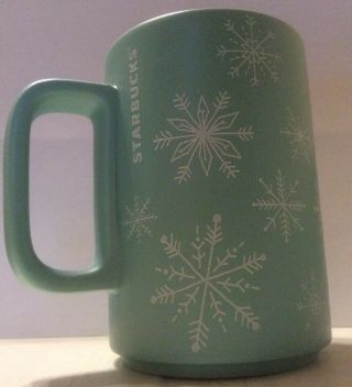 Starbucks 2018 Blue With White Embossed Snowflakes Coffee Cup Mug 12 oz Ceramic 3