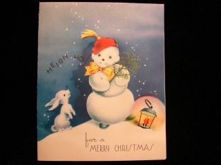 Vintage " Snowman And His Bunny With A Tree " Christmas Greeting Card