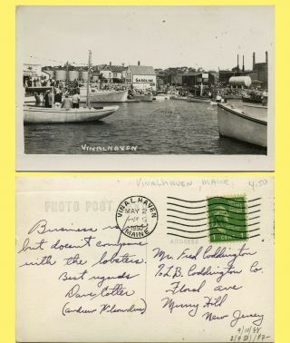 Exc 1950 Real Photo Postcard,  Vinalhaven,  Maine Boats,  Docks & Gasoline Signs