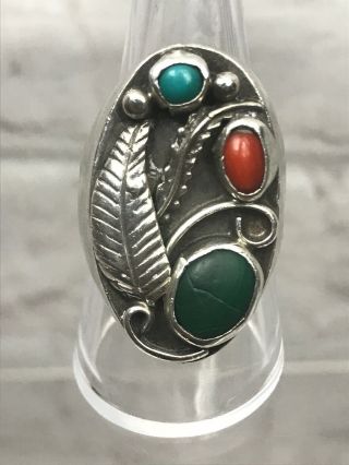 Vintage Old Pawn Navajo Sterling Silver Coral Turquoise Malachite Mens Ring Sz 9