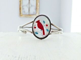 Vintage Zuni Sterling Silver Turquoise Coral Mop Inlay Cardinal Cuff Bracelet