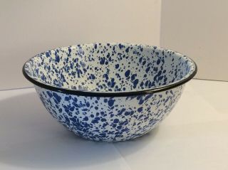 Vintage Blue Speckled Enamelware 8 1/2” Bowl Enamel White W/ Specks Black Rim