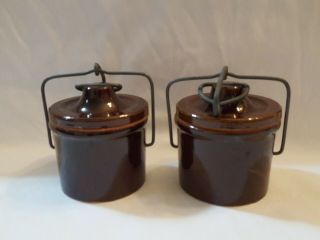 Vintage Brown Stoneware Cheese Crock With Wire Bail Lid 3 " Small
