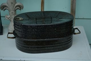Vintage Large Oval Turkey Roasting Pan Blue Granite Ware Roaster Enamel Lisk Sty