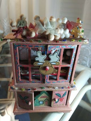 Doll House Vtge Miniature Artisan Filled Handpainted Ooak Cupboard Hutch