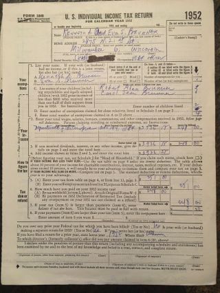 Vintage 1952 Federal Income Tax Return Form 1040,  W2 For Us Air Force Officer