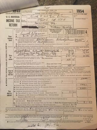 Vintage 1954 Federal Income Tax Return,  W2 Forms