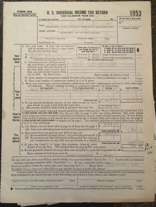 Vintage 1953 Federal Income Tax Return,  W2,  Schedule D,  Notes
