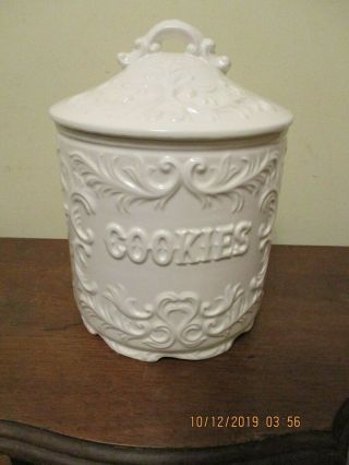 Vintage Shabby Chic All White " Cookies " & Raised Scrolls Design Cookie Jar