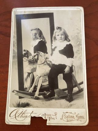 Antique Photograph Young Child With Rocking Horse /atherton Ivory Type / Kansas