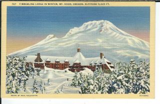 Ca - 449 Or,  Mt.  Hood,  Timberline Lodge In Winter Linen Postcard With Mountain