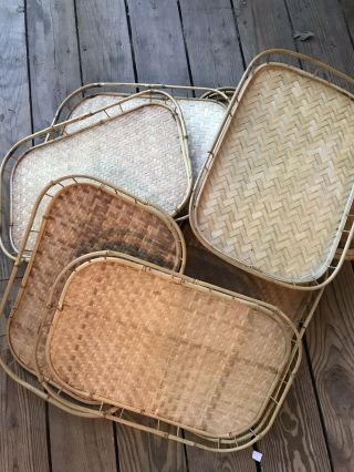 Set of 15 Vintage Bamboo Woven Rattan Wicker Lap Tiki Bar Serving Trays 3