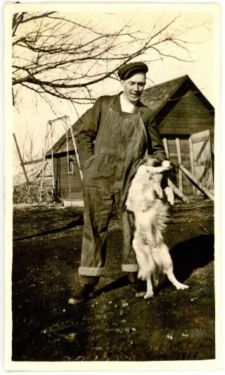 1919 Photo Ia Iowa Sac City Farm Man Playing With Dog Lewis Wildman Overalls