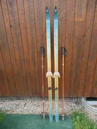 Vintage Wooden 68 " Skis Has Blue And Wood Finish Signed Strela,  Bamboo Poles
