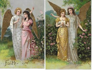 Embossed Postcards Angels Faith Charity,  Women With Dove,  Pink Dress