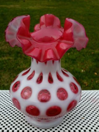 Fenton Vintage Cranberry Opalescent Coin Dot Pattern Ruffled Vases 7 " H Pre - Logo