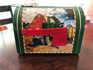 John Deere Small Metal Tin Mailbox Piggy Bank Tractor Barn Collectible Euc