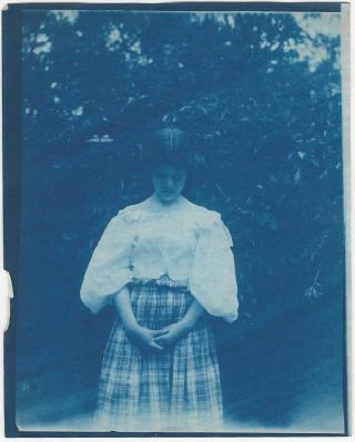 Pensive Young Woman Folds Hands For The Camera 1900s Cyanotype Snapshot