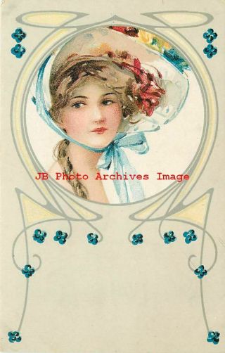 Gertrude L Pew,  Pretty Woman Wearing Bonnet,  Art Nouveau