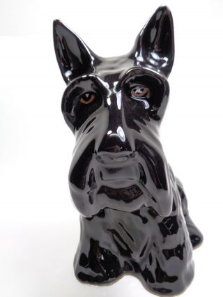 Vintage 1970s Ceramic Scottish Terrier Dog Statute Glossy Black Glaze Hollow