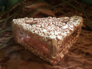Antique Vintage Hanky Box With Pink Ruched Gathered Ribbon Work Glass Sides