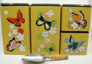 Vintage Four Piece Tin Canister Set Harvest Gold Butterflies Opaque Lids Scoop