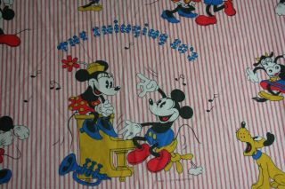 Vintage Walt Disney Mickey Mouse Twin Fitted Sheet Swinging 30s Red Stripe Flaws