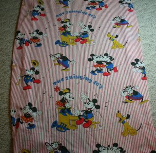 Vintage Walt Disney Mickey Mouse Twin Fitted Sheet Swinging 30s Red Stripe Flaws 2