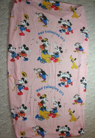 Vintage Walt Disney Mickey Mouse Twin Fitted Sheet Swinging 30s Red Stripe Flaws 3